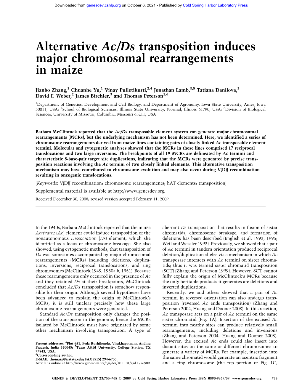 Alternative Ac/Ds Transposition Induces Major Chromosomal Rearrangements in Maize