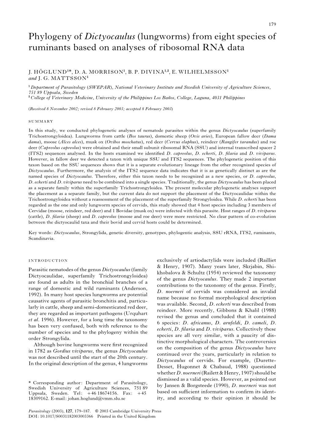 Phylogeny of Dictyocaulus (Lungworms) from Eight Species of Ruminants Based on Analyses of Ribosomal RNA Data