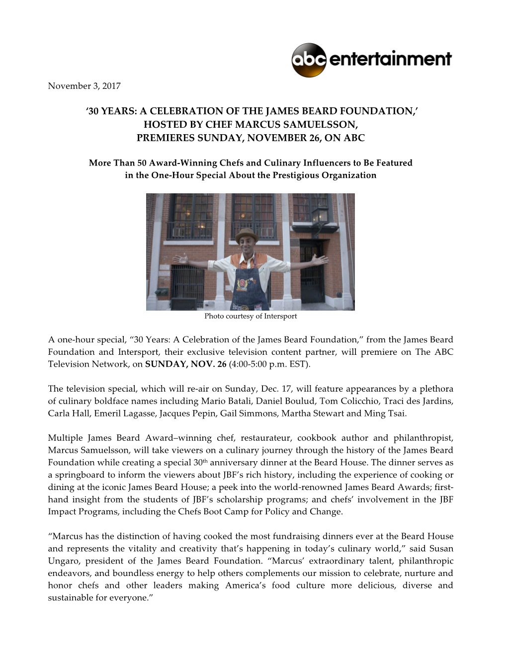 30 Years: a Celebration of the James Beard Foundation,’ Hosted by Chef Marcus Samuelsson, Premieres Sunday, November 26, on Abc