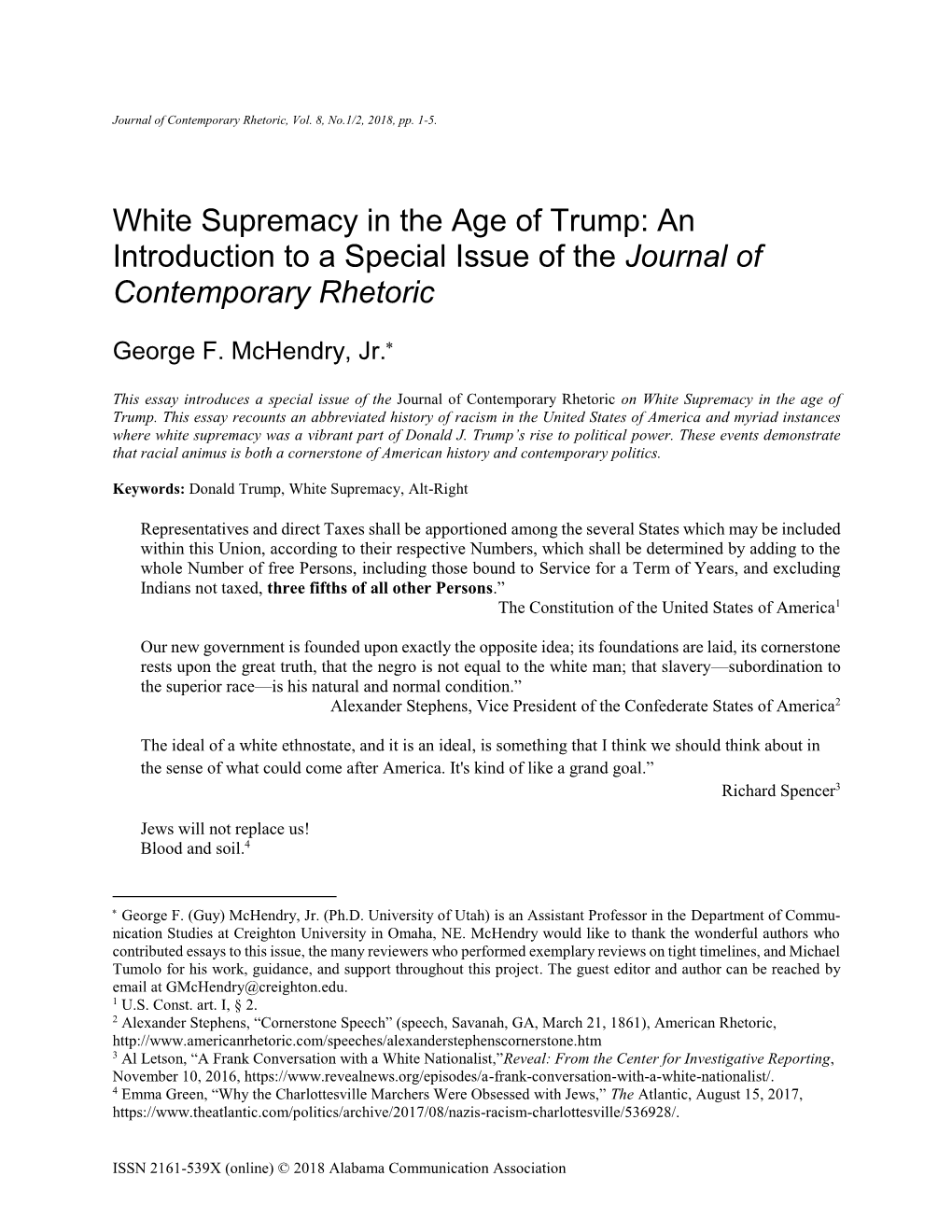 White Supremacy in the Age of Trump: an Introduction to a Special Issue of the Journal of Contemporary Rhetoric