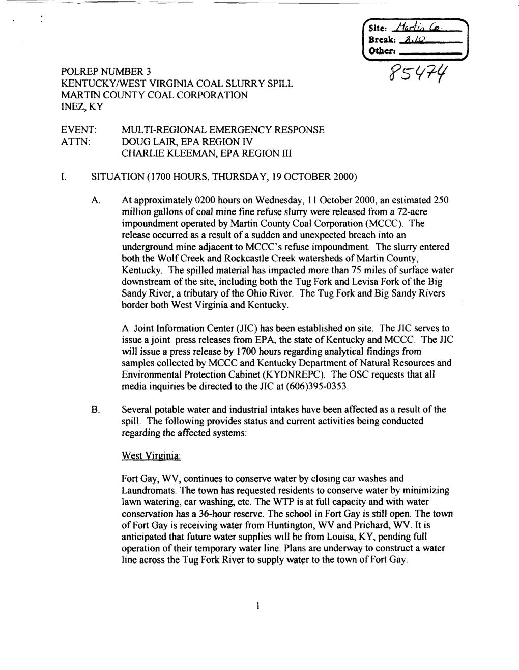 POLREP Number 3: Martin County Coal Corp Coal Slurry Release