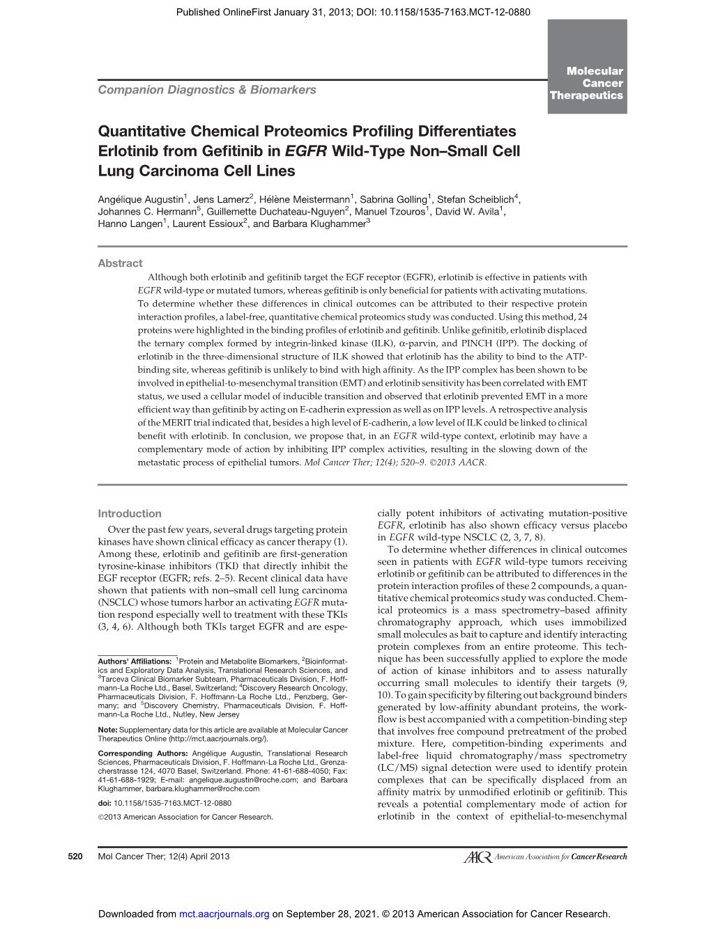 Quantitative Chemical Proteomics Profiling Differentiates Erlotinib from Gefitinib in EGFR Wild-Type Non−Small Cell Lung Carcinoma Cell Lines