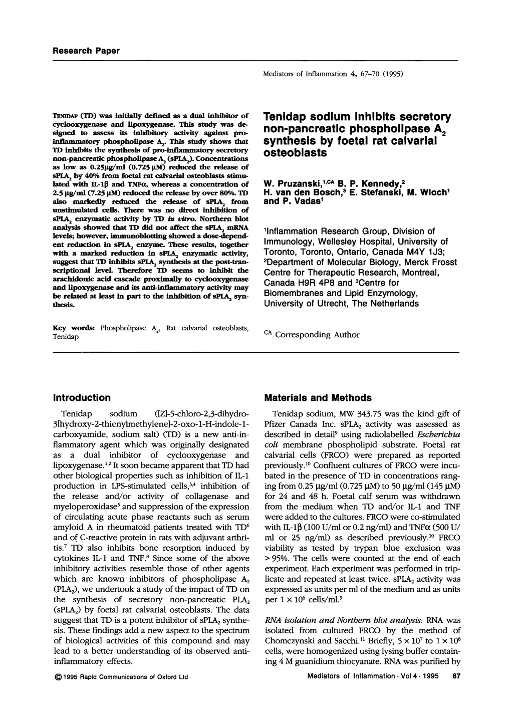 Non-Pancreatic Phospholipase a Synthesis by Foetal Rat Calvarial