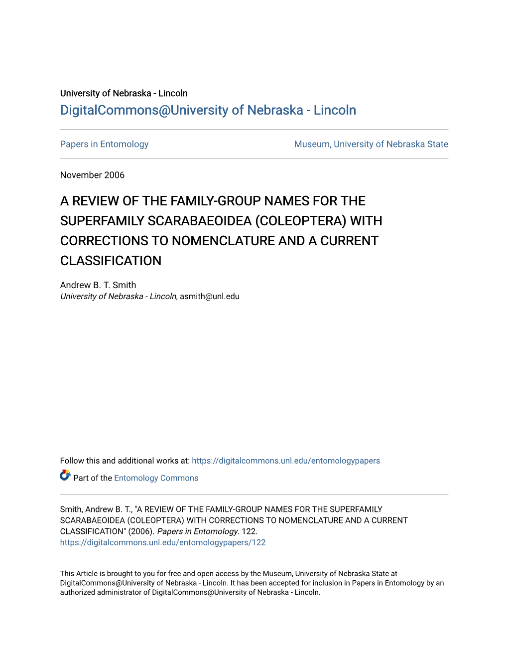 Coleoptera) with Corrections to Nomenclature and a Current Classification