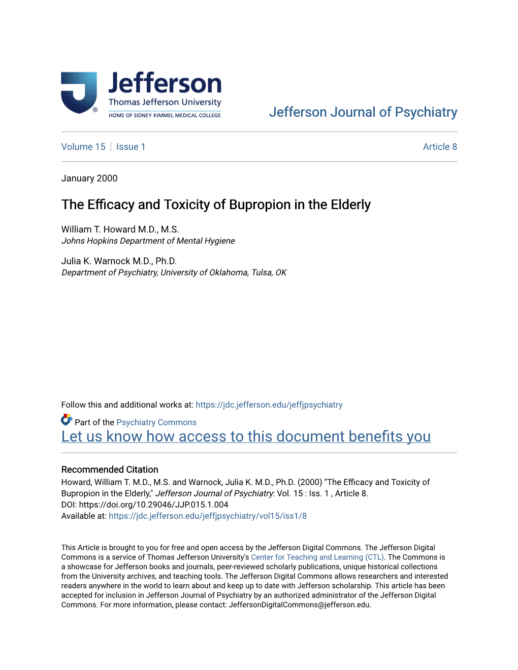 The Efficacy and Toxicity of Bupropion in the Elderly