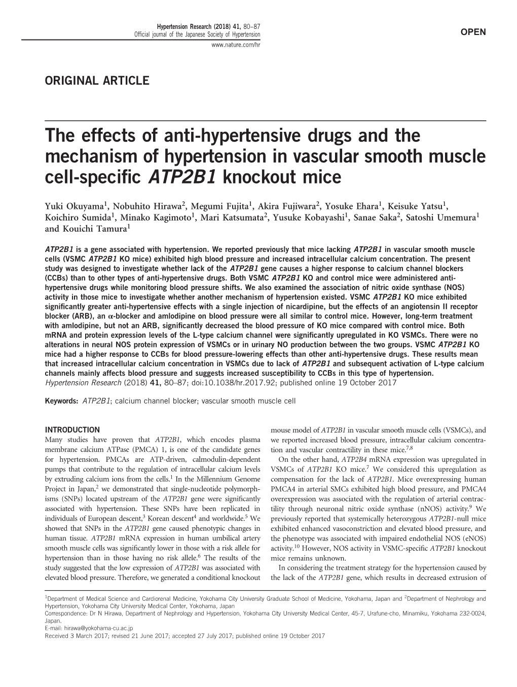 The Effects of Anti-Hypertensive Drugs and the Mechanism of Hypertension in Vascular Smooth Muscle Cell-Speciﬁc ATP2B1 Knockout Mice