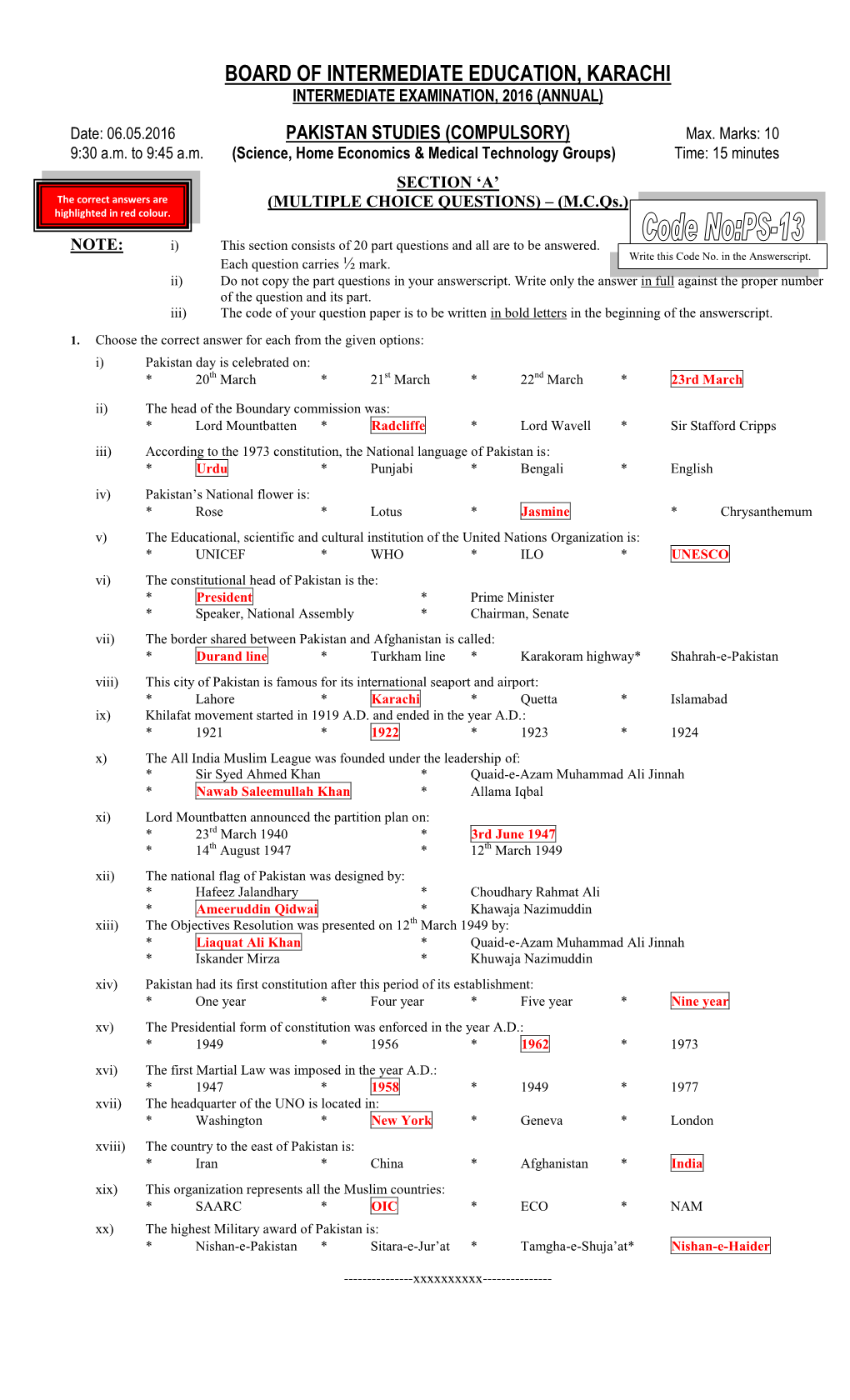 Board of Intermediate Education, Karachi Intermediate Examination, 2016 (Annual)