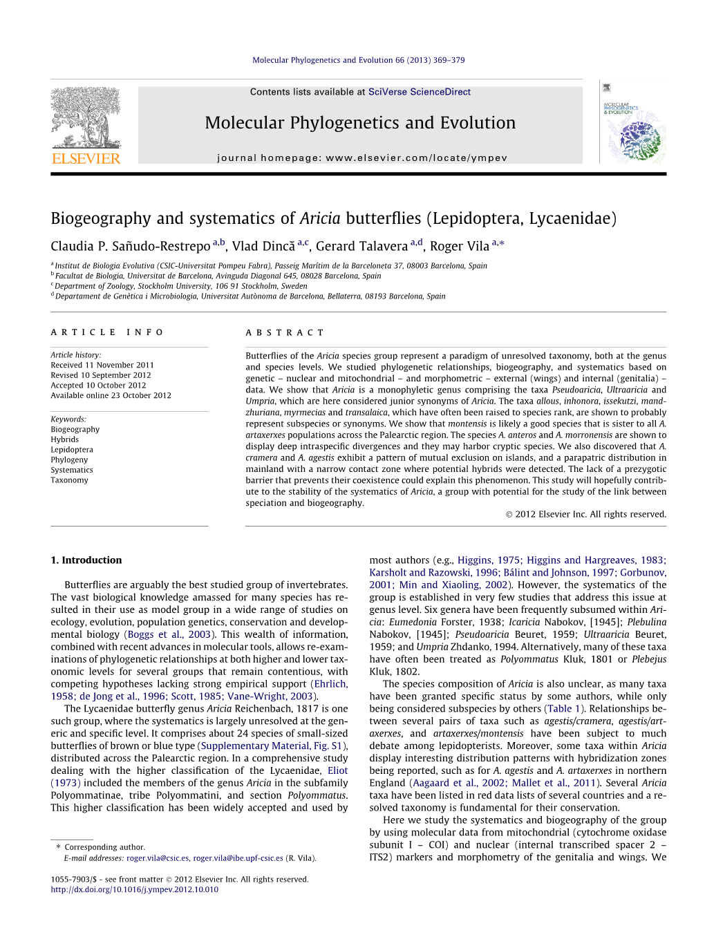 Biogeography and Systematics of Aricia Butterflies (Lepidoptera