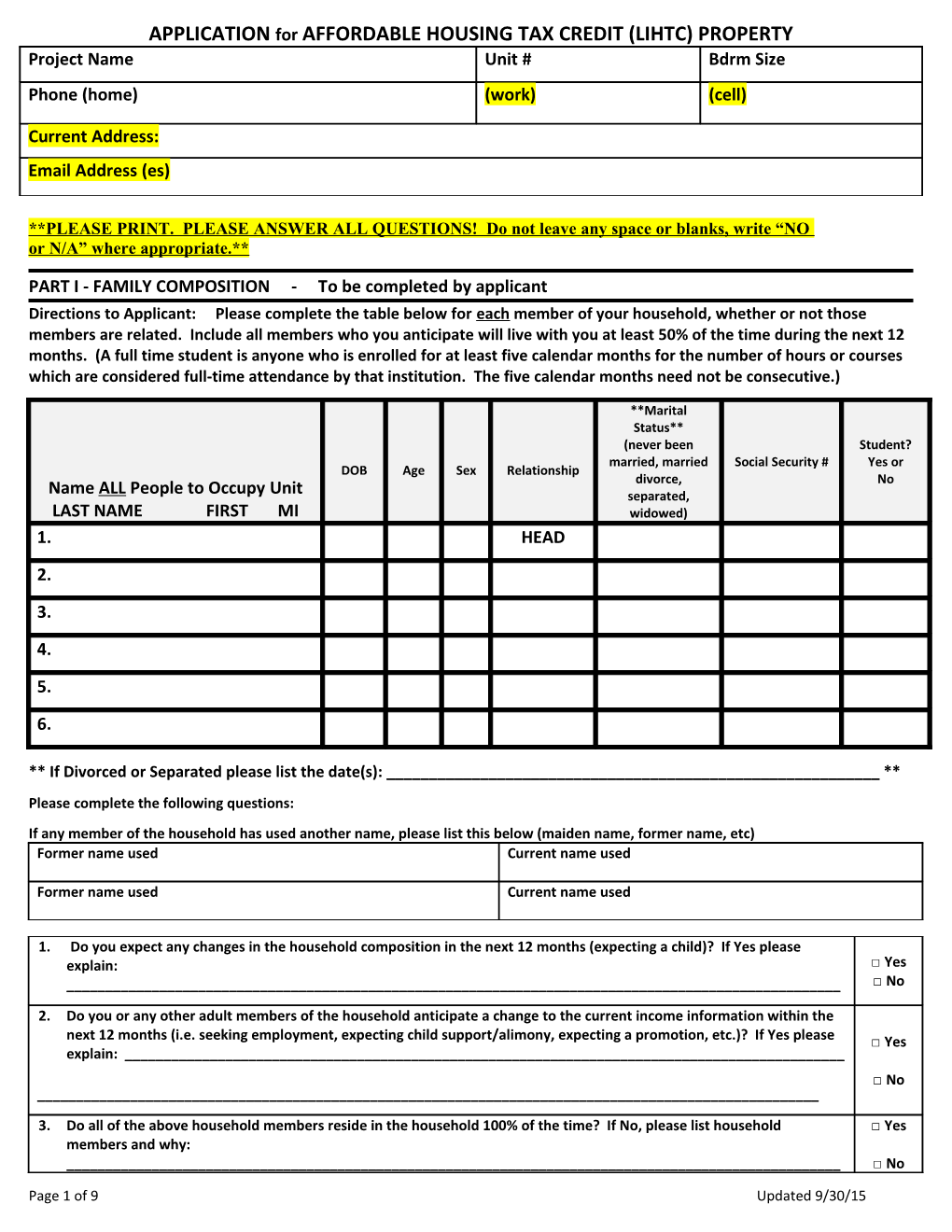 Application and Income Certification