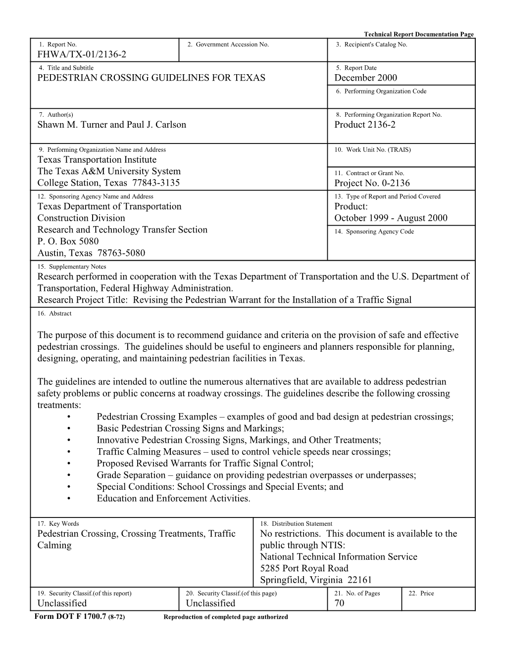 PEDESTRIAN CROSSING GUIDELINES for TEXAS December 2000 6