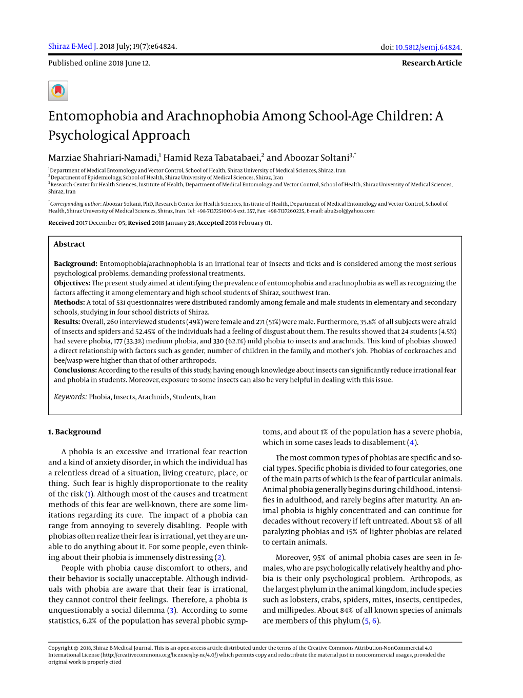 Entomophobia and Arachnophobia Among School-Age Children: a Psychological Approach