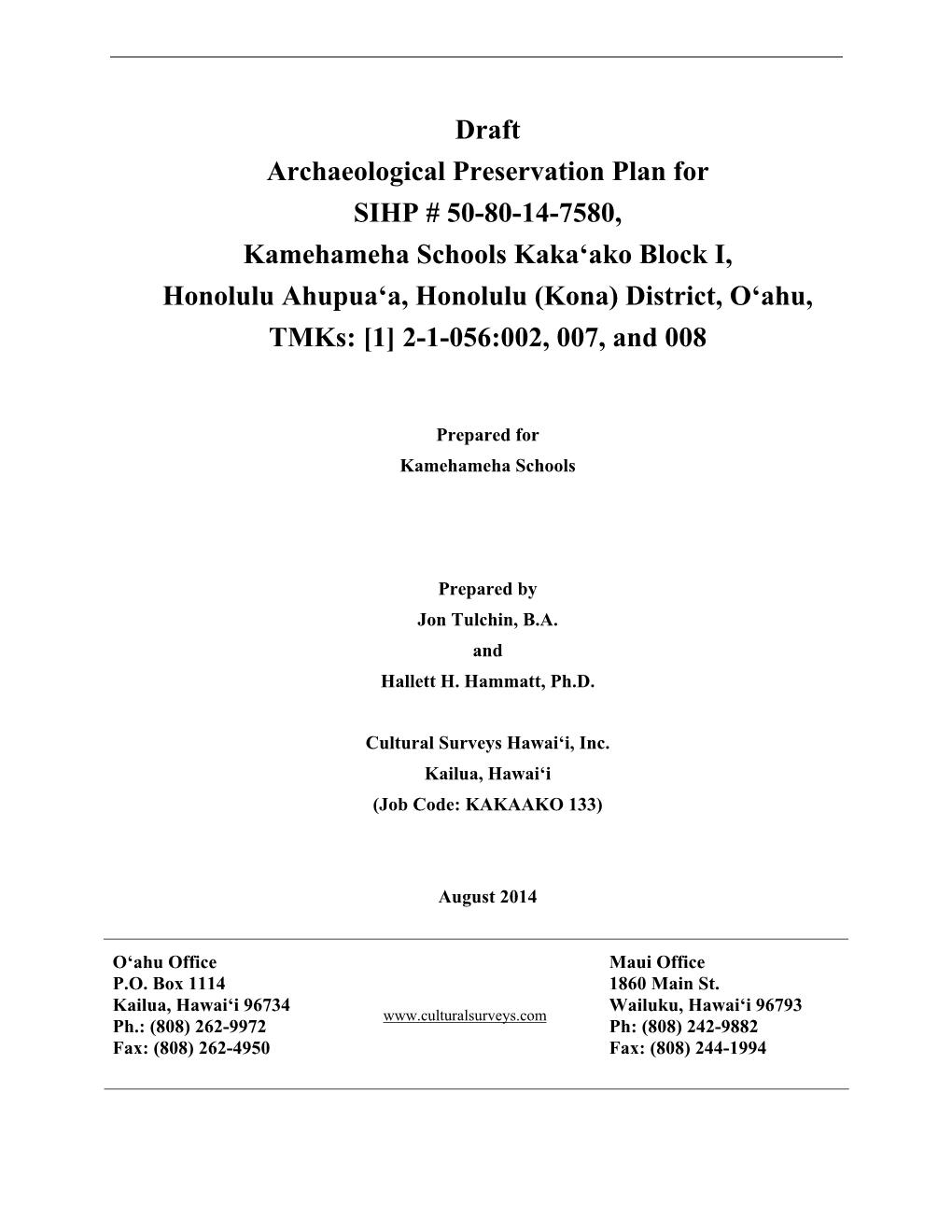 Draft Archaeological Preservation Plan for SIHP # 50-80-14-7580
