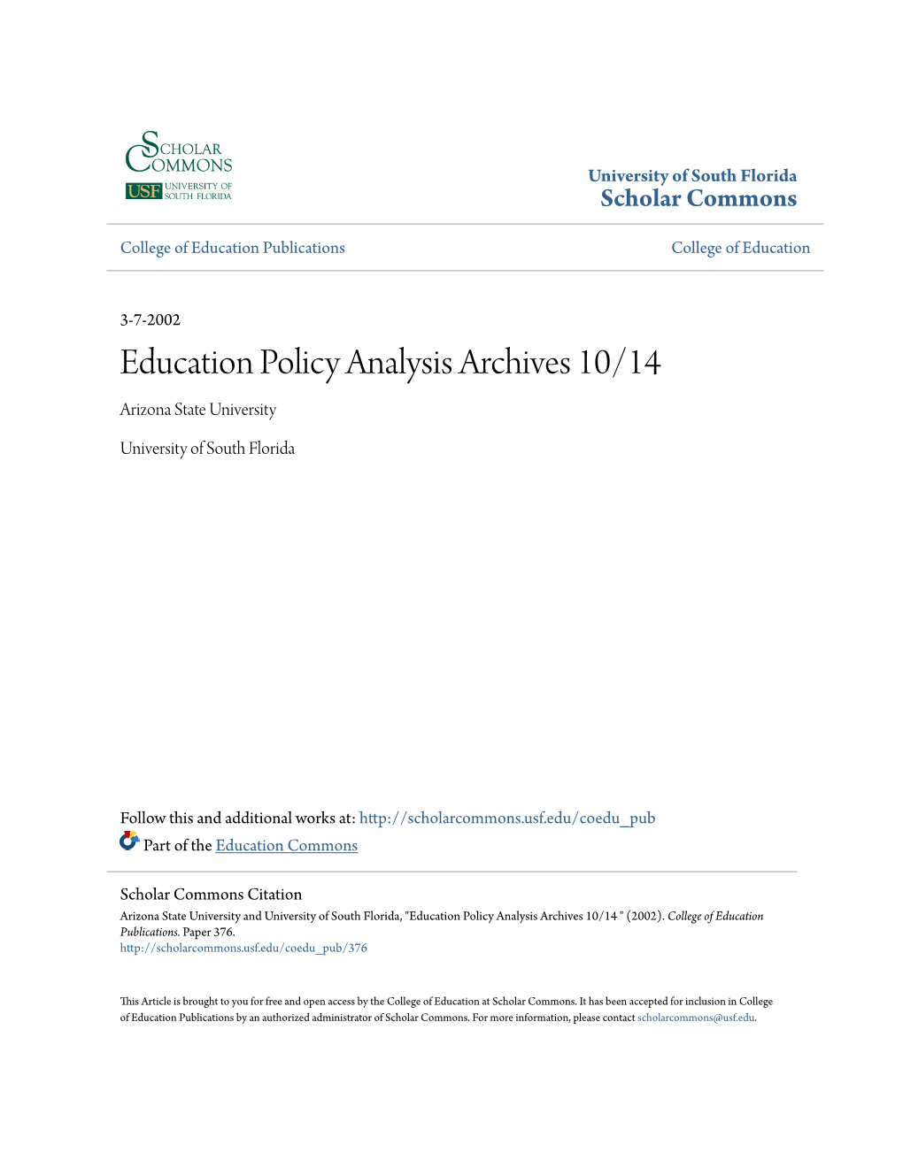 Education Policy Analysis Archives 10/14 Arizona State University