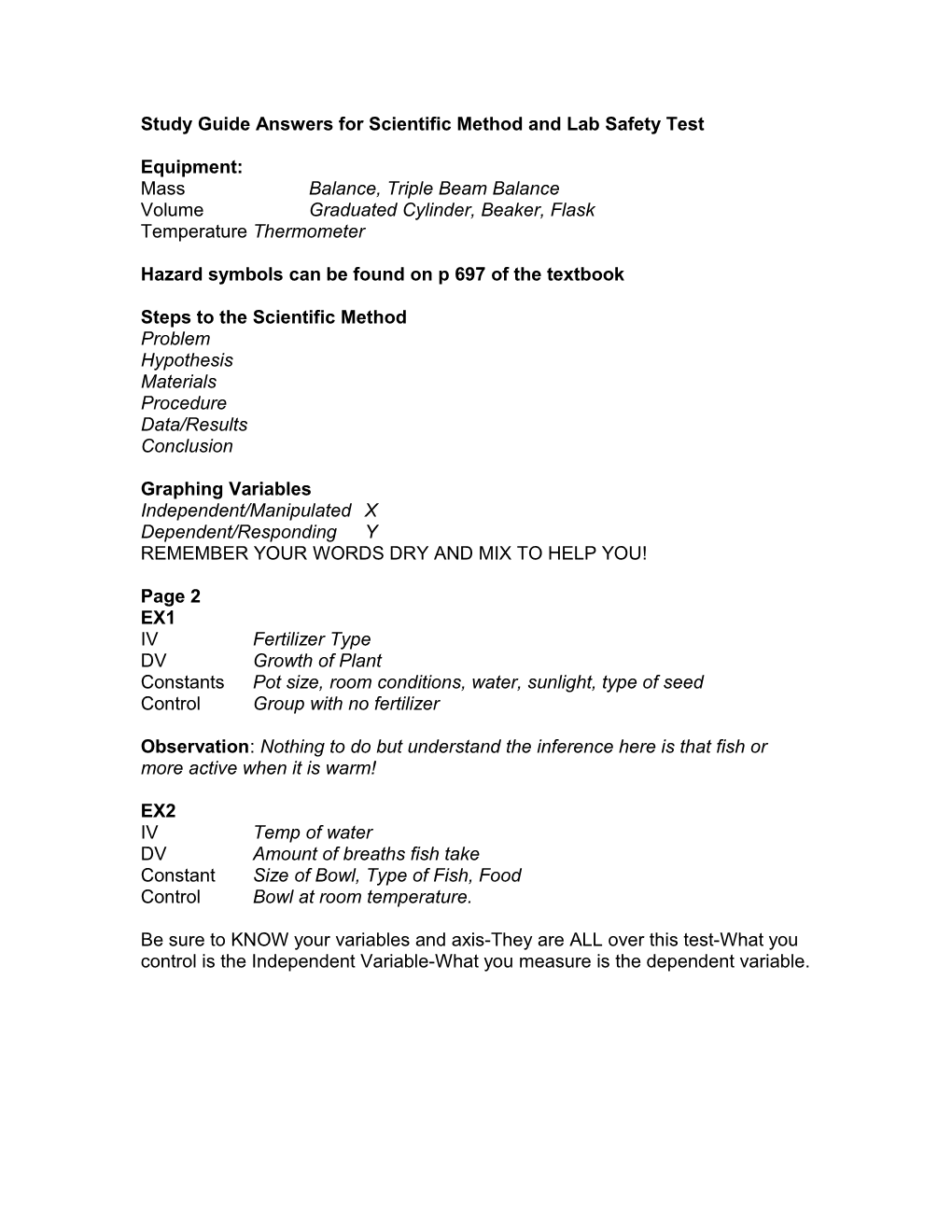 Study Guide Answers for Scientific Method and Lab Safety Test