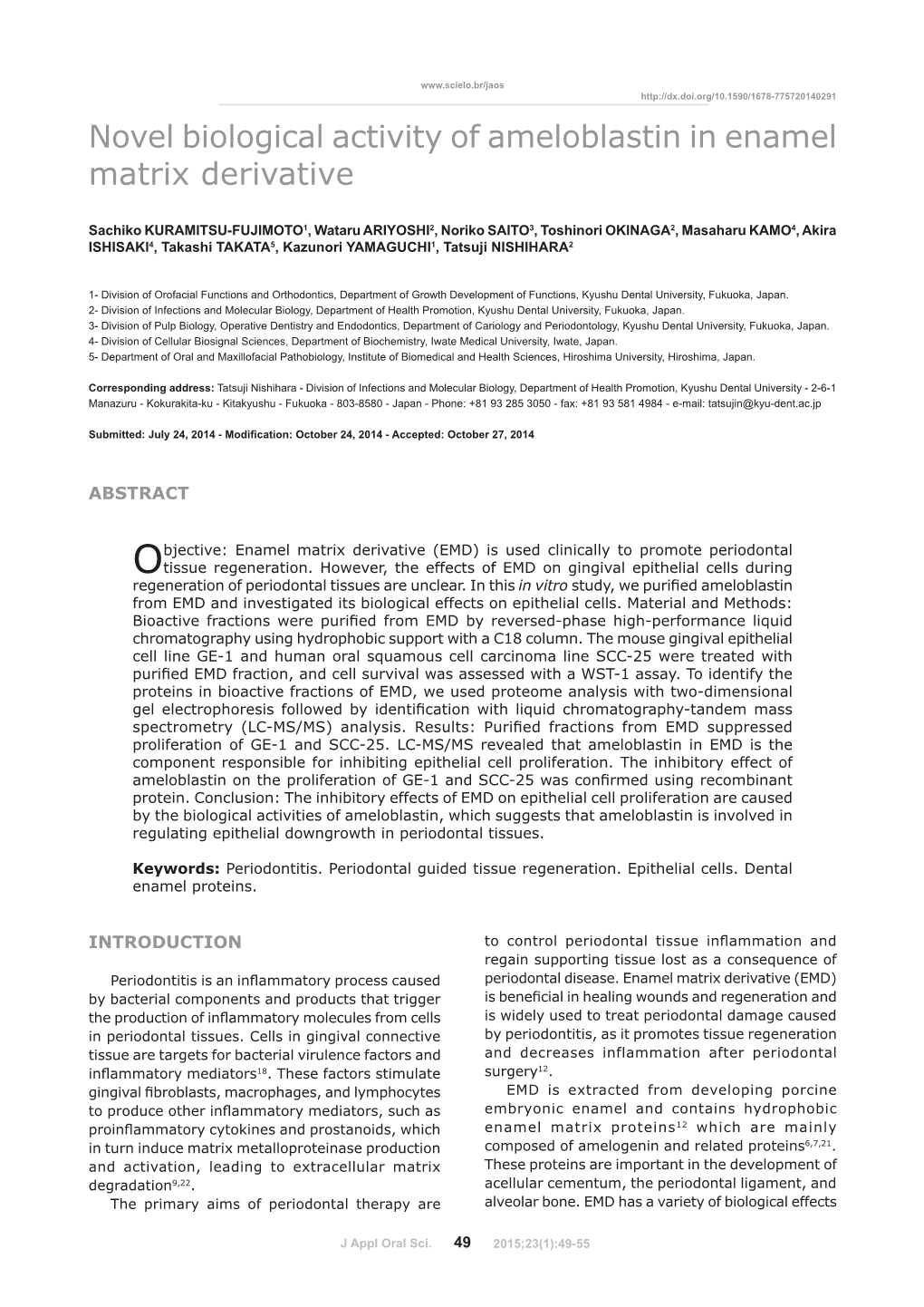 Novel Biological Activity of Ameloblastin in Enamel Matrix Derivative