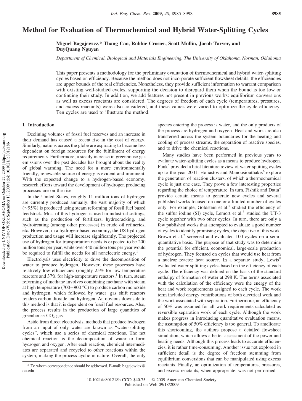 Method for Evaluation of Thermochemical and Hybrid Water-Splitting Cycles