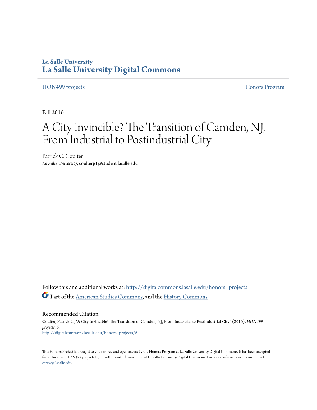 The Transition of Camden, NJ, from Industrial to Postindustrial City