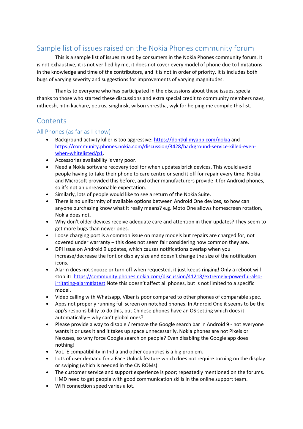 Sample List of Issues Raised on the Nokia Phones Community Forum This Is a Sample List of Issues Raised by Consumers in the Nokia Phones Community Forum