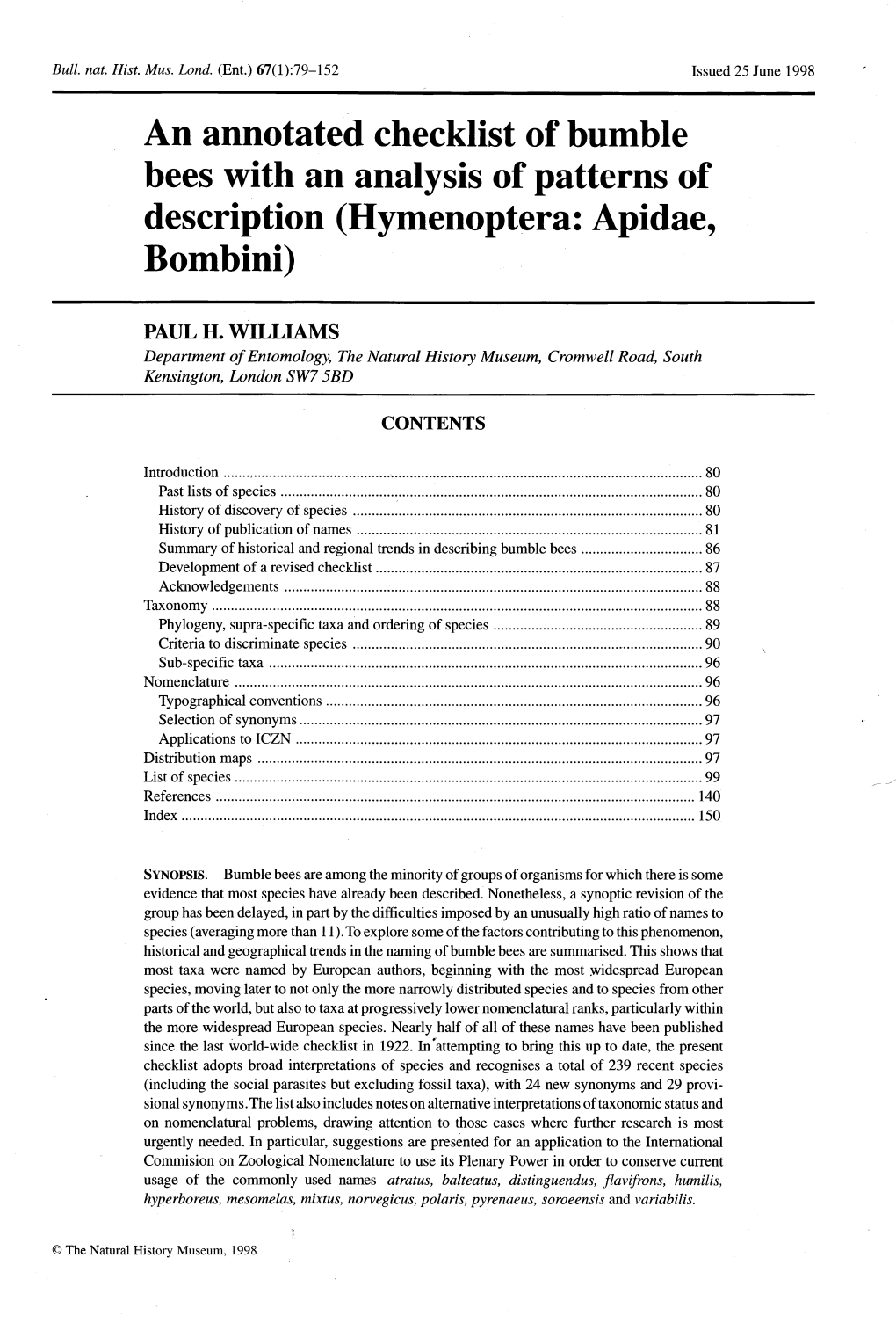 An Annotated Checklist of Bumble Bees with an Analysis of Patterns of Description (Hymenoptera: Apidae, Bombini)