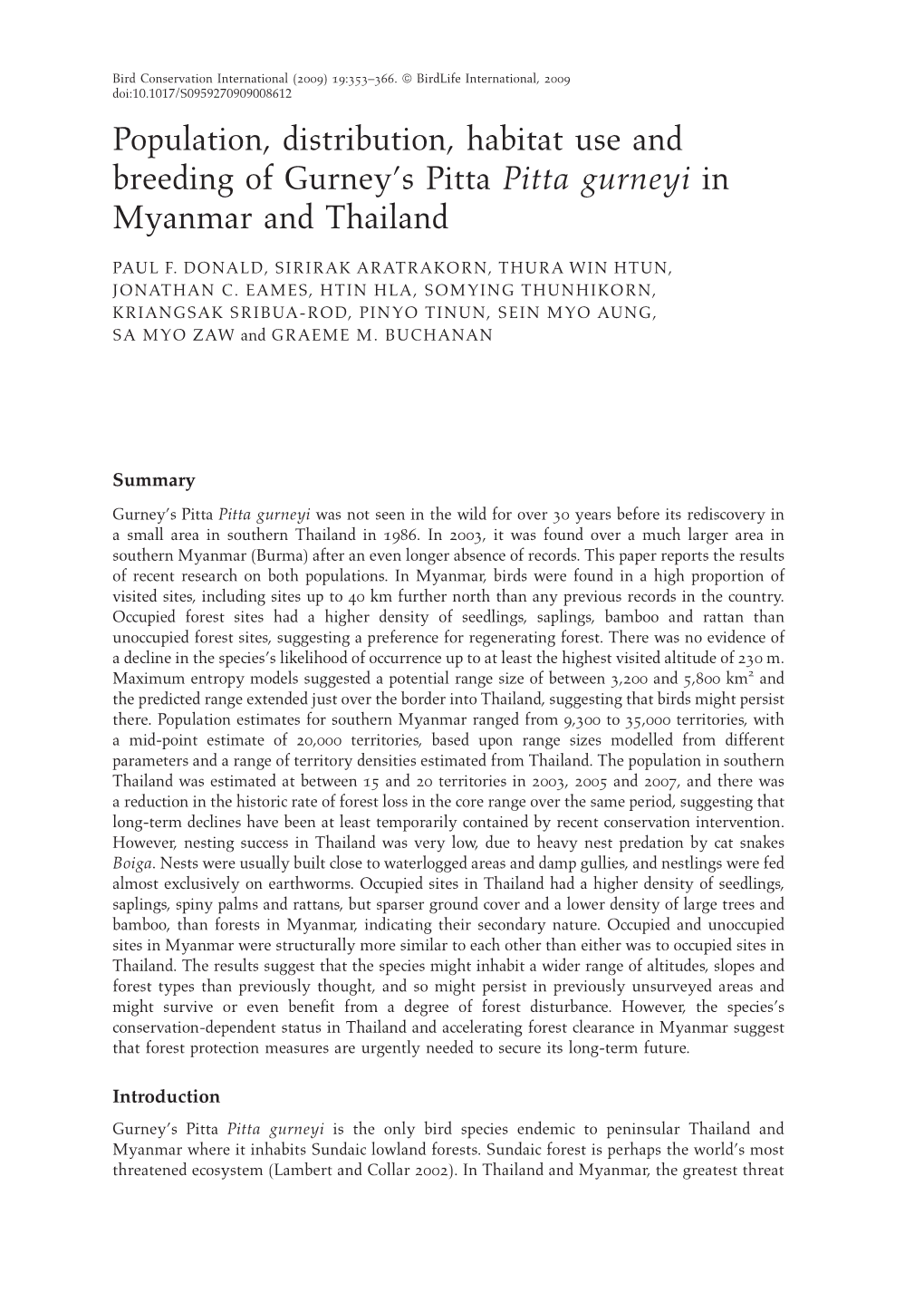 Population, Distribution, Habitat Use and Breeding of Gurney's Pitta Pitta