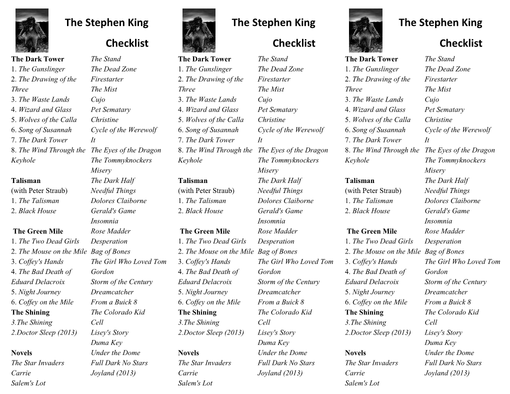 Stephen King the Stephen King the Stephen King Checklist Checklist Checklist the Dark Tower the Stand the Dark Tower the Stand the Dark Tower the Stand 1