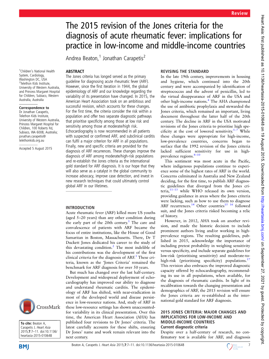 The 2015 Revision of the Jones Criteria for the Diagnosis Of