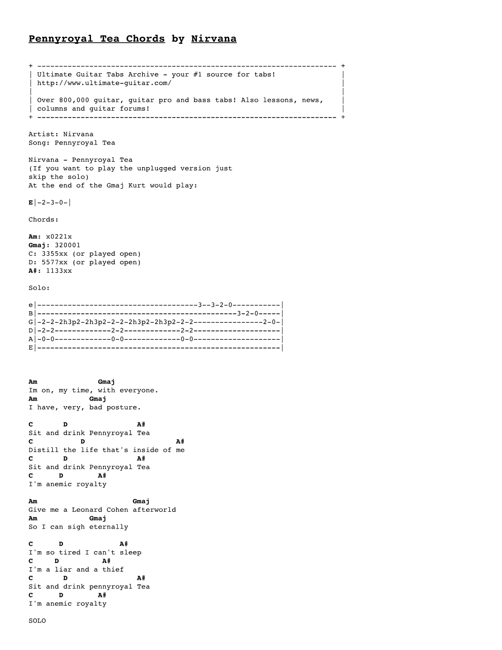Pennyroyal Tea Chords by Nirvana Tabs @ Ultimate Guitar Archive