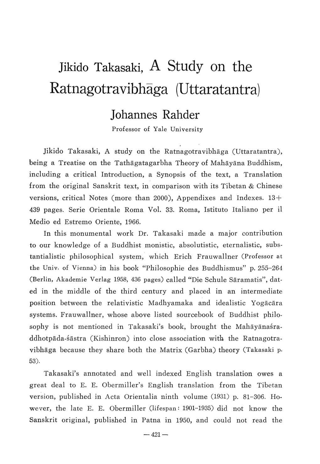 Jikido Takasaki, a Study on the Ratnagotravibhaga (Uttaratantra)