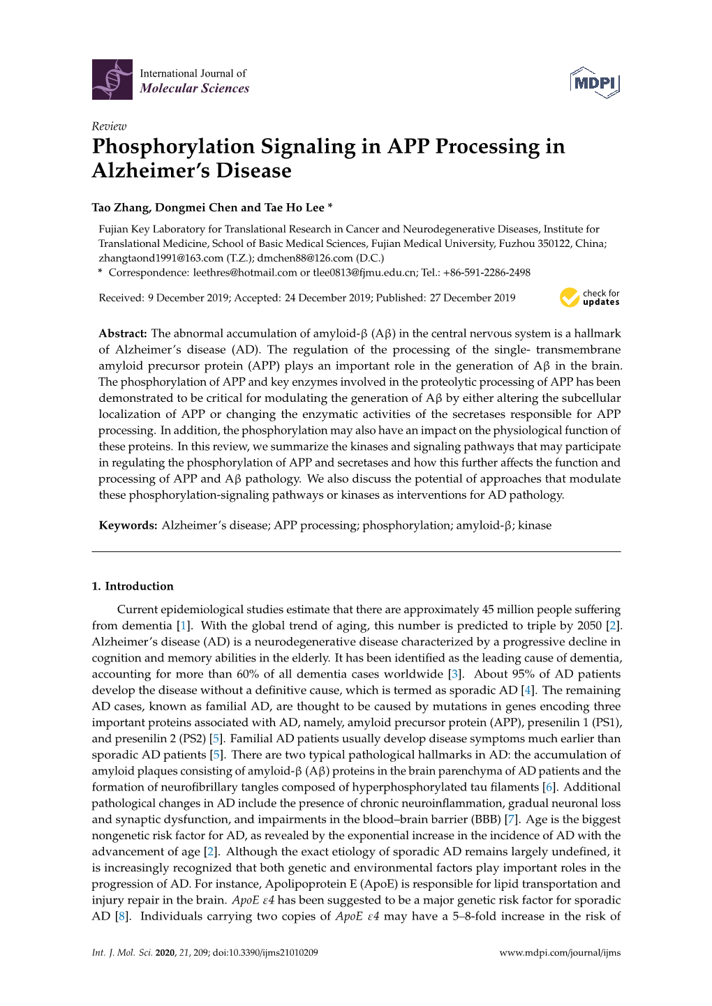 Phosphorylation Signaling in APP Processing in Alzheimer's Disease