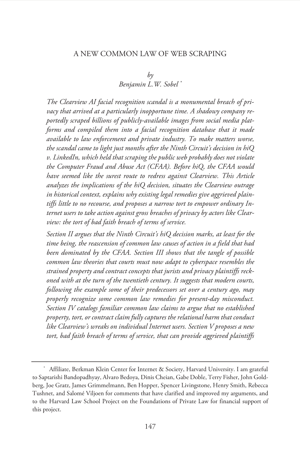 A NEW COMMON LAW of WEB SCRAPING of WEB SCRAPING LAW a NEW COMMON Affiliate, Berkman Klein Center for Internet & Society, Harvard University