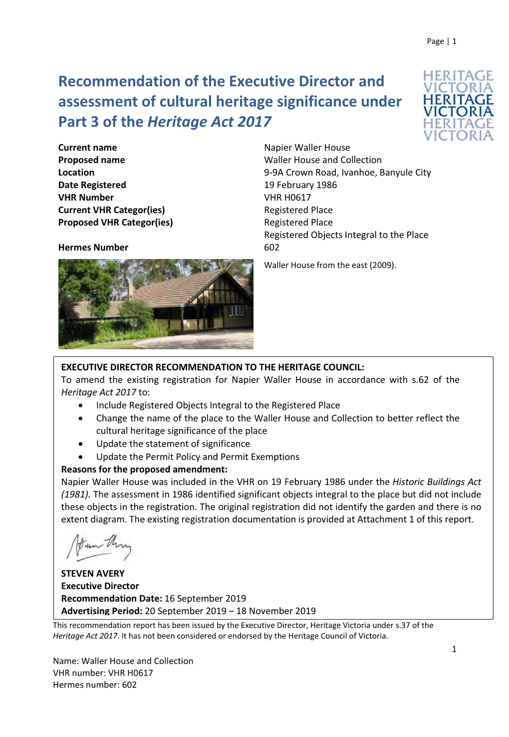 Recommendation of the Executive Director, Heritage Victoria