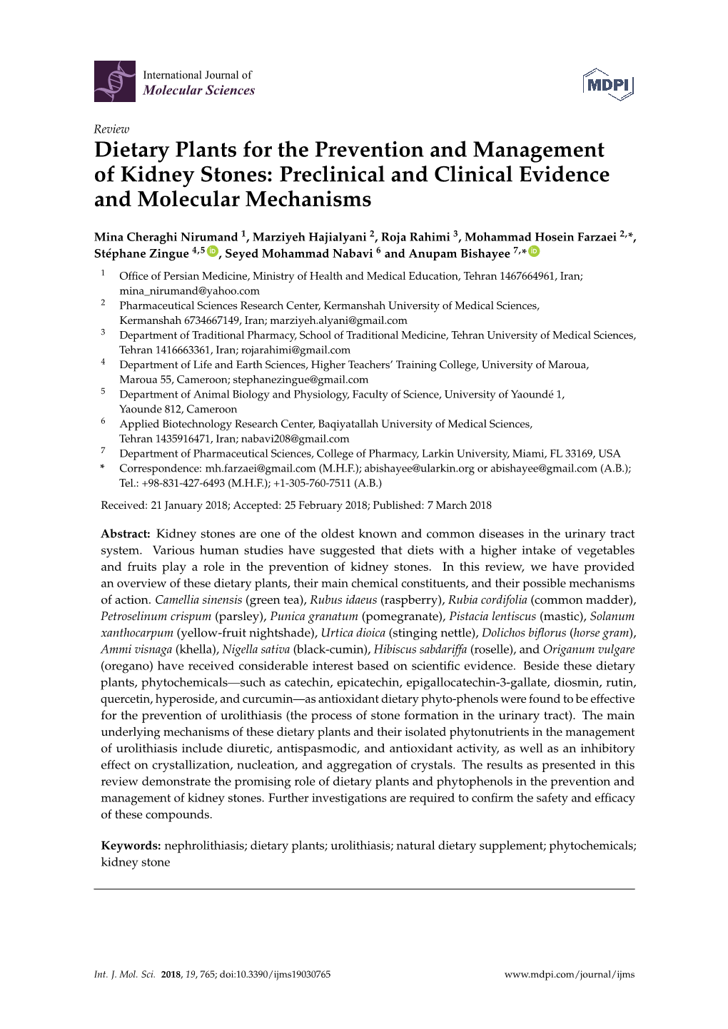 Dietary Plants for the Prevention and Management of Kidney Stones: Preclinical and Clinical Evidence and Molecular Mechanisms