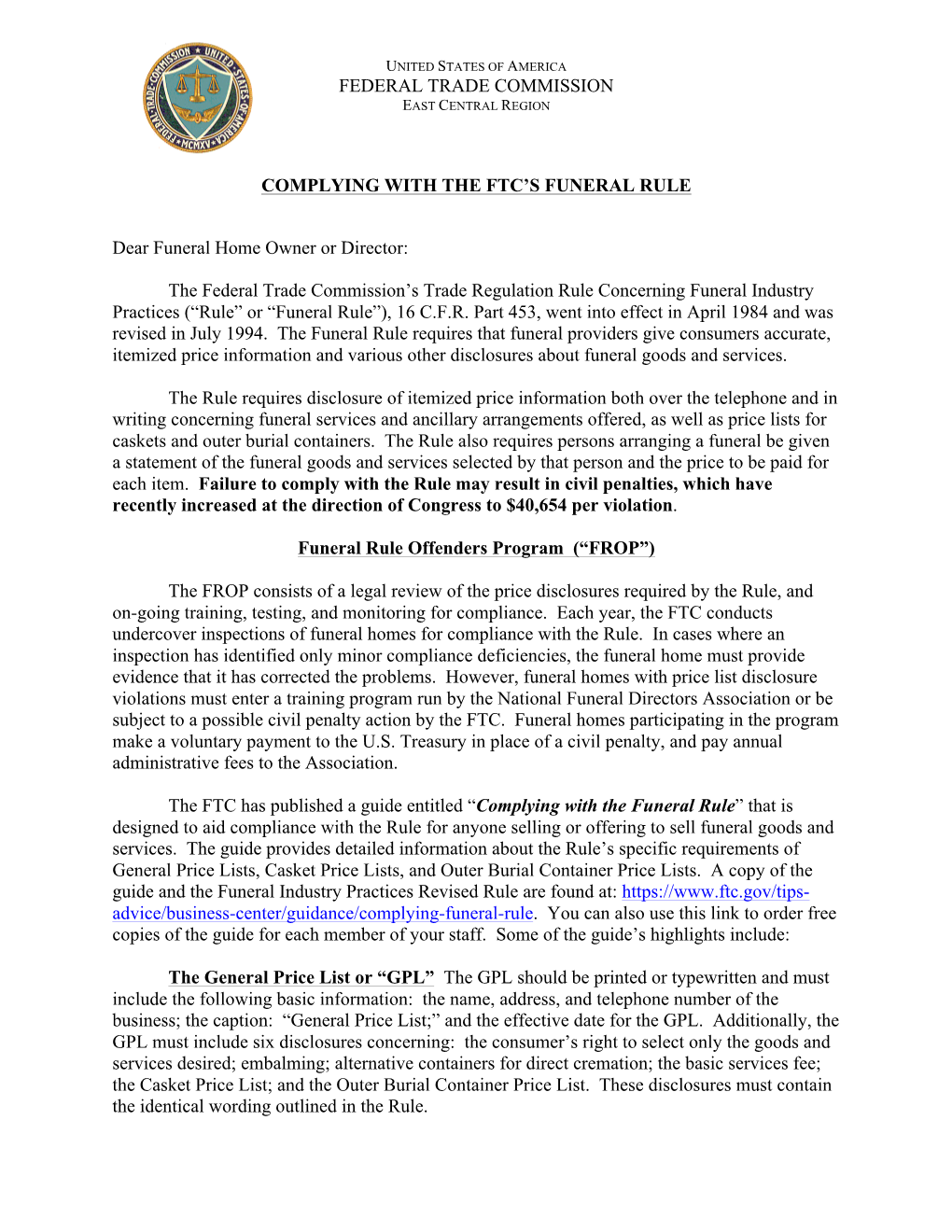 FTC Funeral Rule Penalty Letter