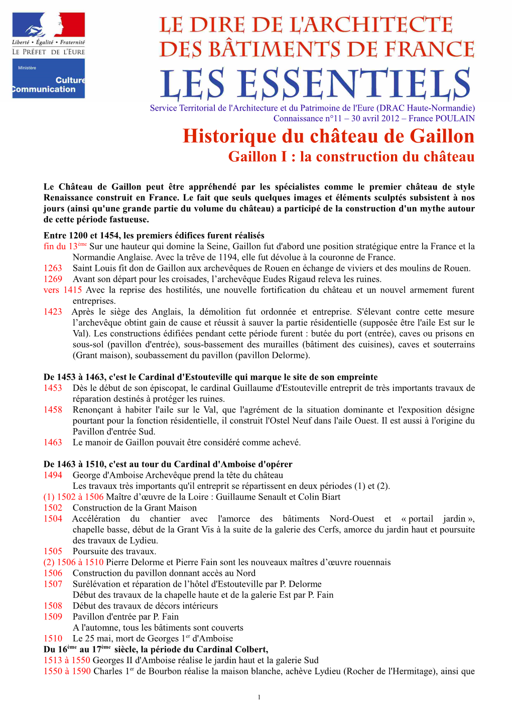 Historique Du Château De Gaillon Gaillon I : La Construction Du Château