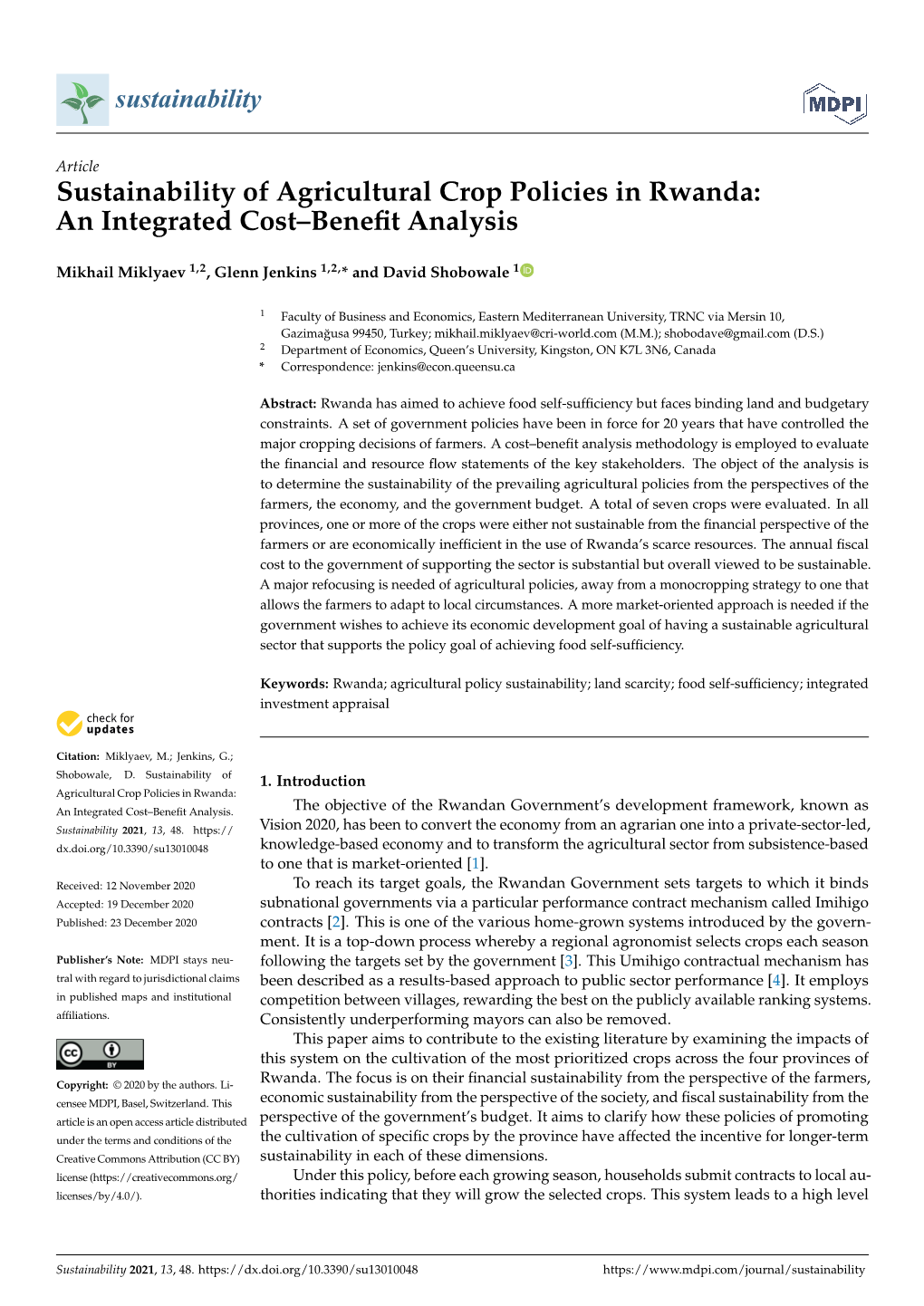 Sustainability of Agricultural Crop Policies in Rwanda: an Integrated Cost–Beneﬁt Analysis