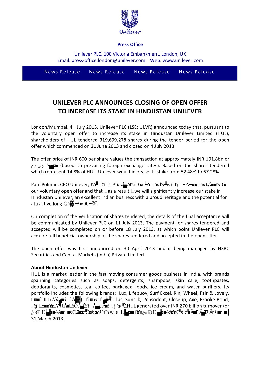 Unilever Plc Announces Closing of Open Offer to Increase Its Stake in Hindustan Unilever