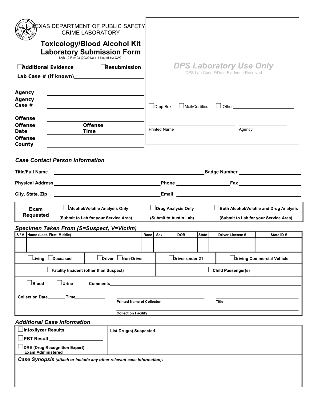 Toxicology/Blood Alcohol Kit Laboratory Submission Form