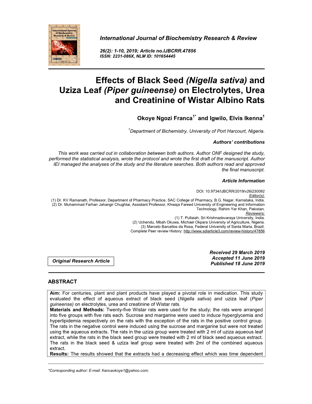 (Nigella Sativa) and Uziza Leaf (Piper Guineense) on Electrolytes, Urea and Creatinine of Wistar Albino Rats