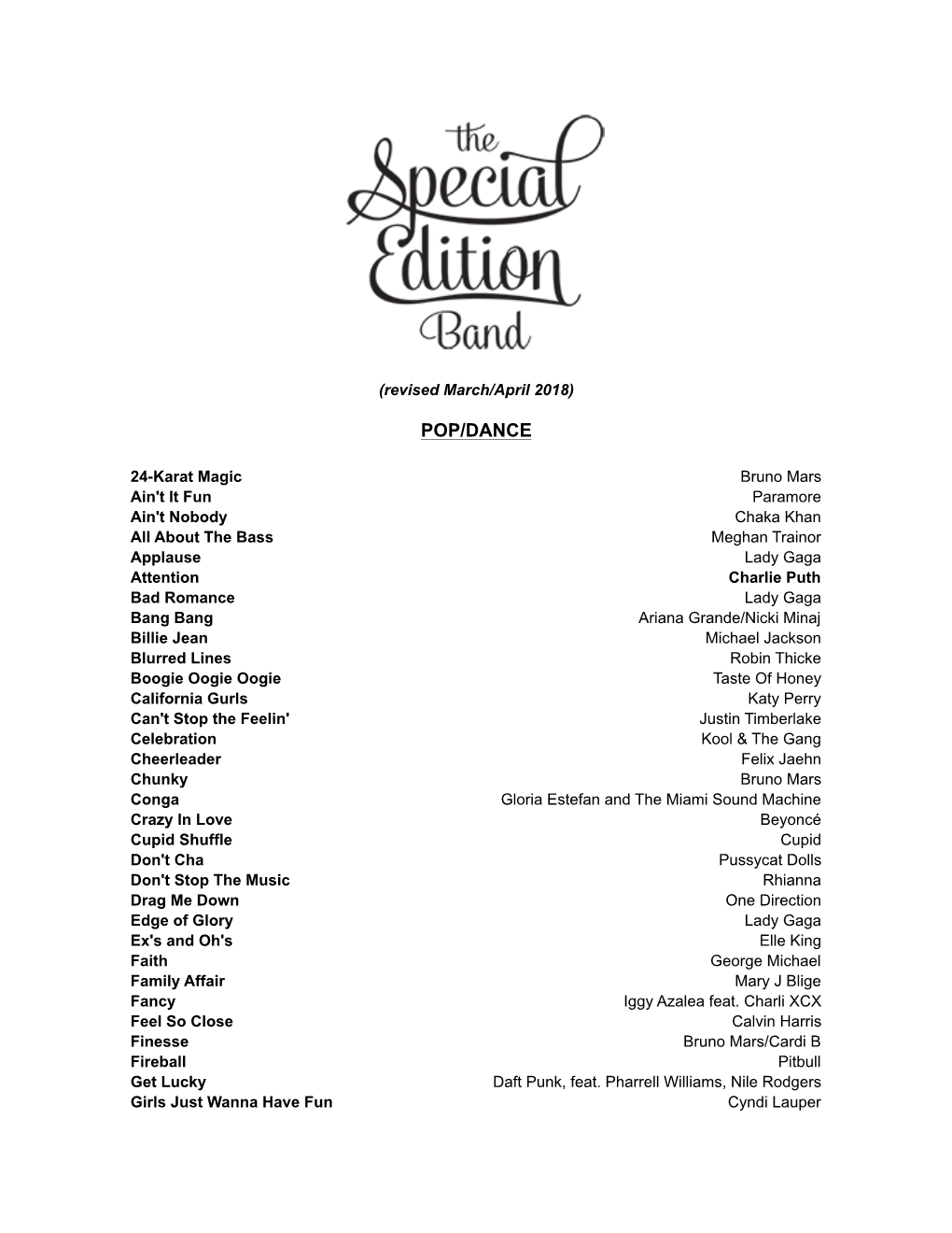 Special Edition Band Songlist