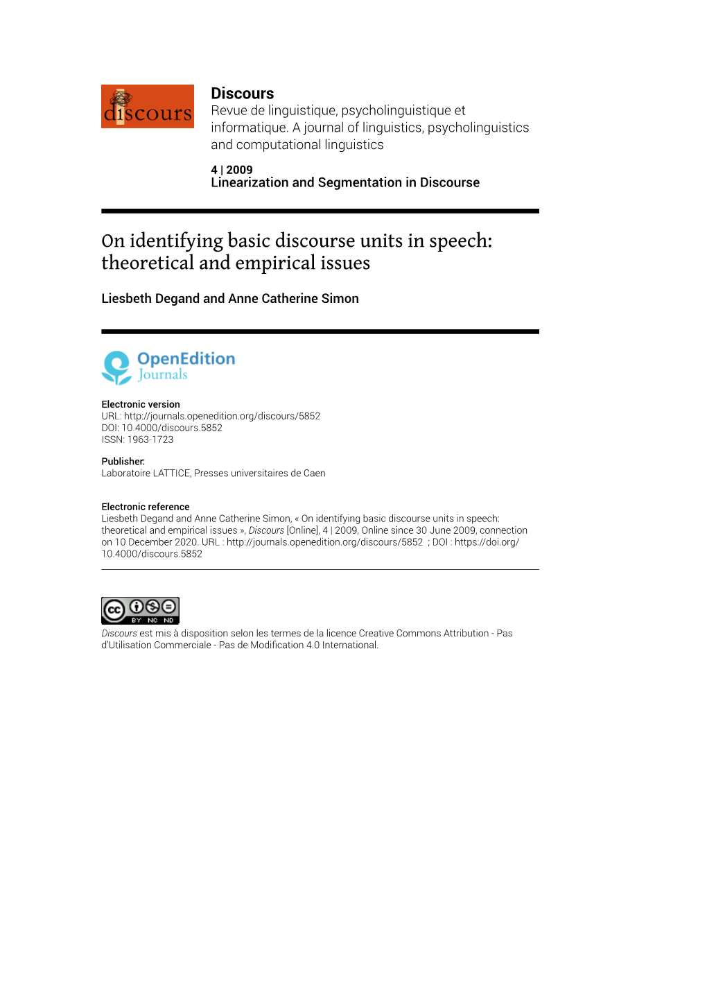 On Identifying Basic Discourse Units in Speech: Theoretical and Empirical Issues