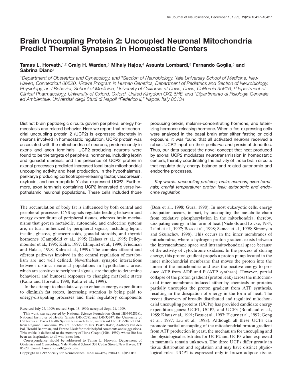 Brain Uncoupling Protein 2: Uncoupled Neuronal Mitochondria Predict Thermal Synapses in Homeostatic Centers