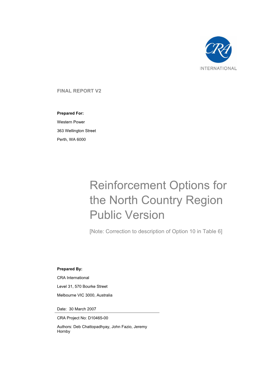 Reinforcement Options for the North Country Region Public Version