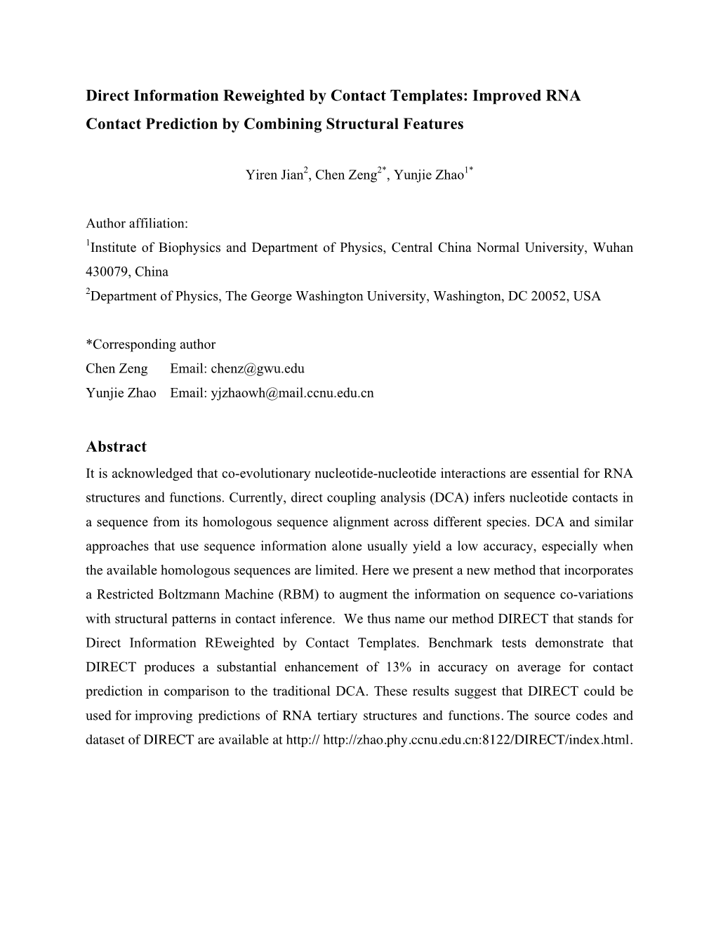 Direct Information Reweighted by Contact Templates: Improved RNA Contact Prediction by Combining Structural Features