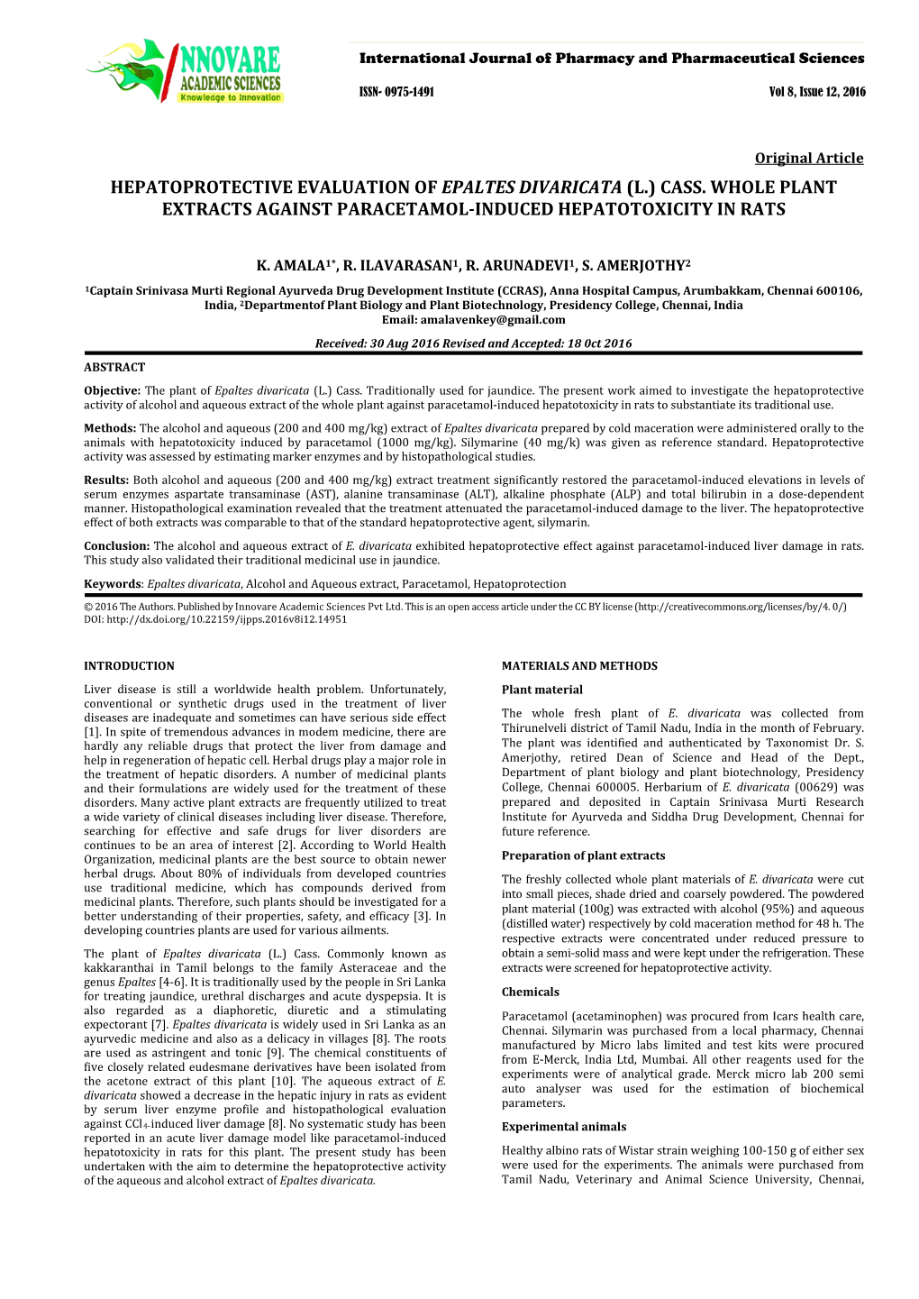 Hepatoprotective Evaluation of Epaltes Divaricata (L.) Cass