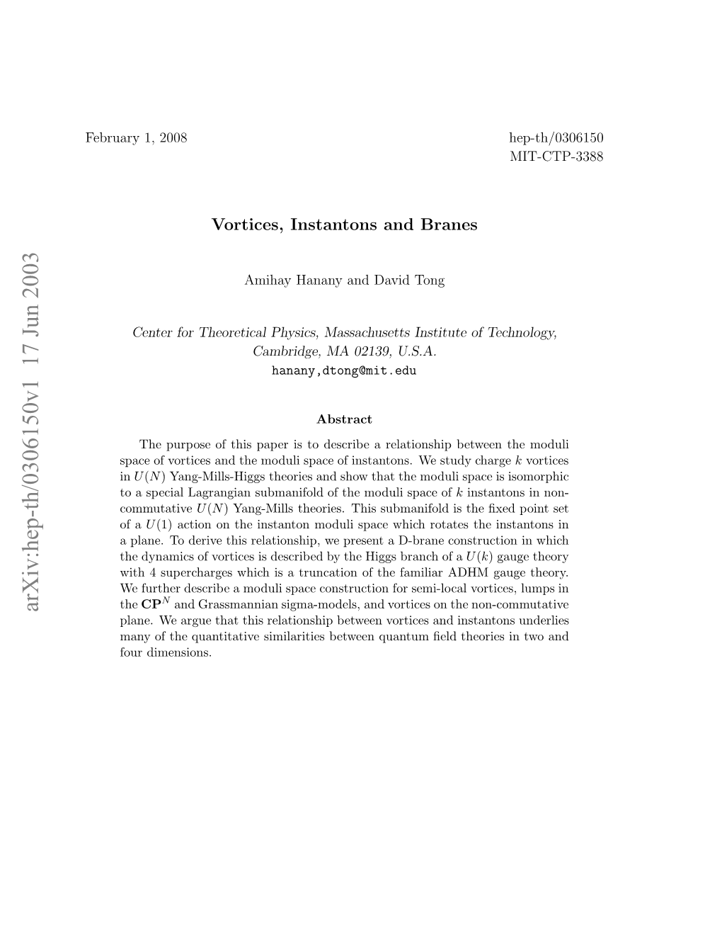 Arxiv:Hep-Th/0306150V1 17 Jun 2003 Eray1 2008 1, February Pc Fvrie N H Ouisaeo Ntnos Estud We Instantons