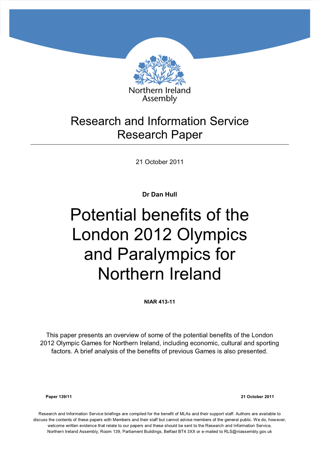 Potential Benefits of the London 2012 Olympics and Paralympics for Northern Ireland