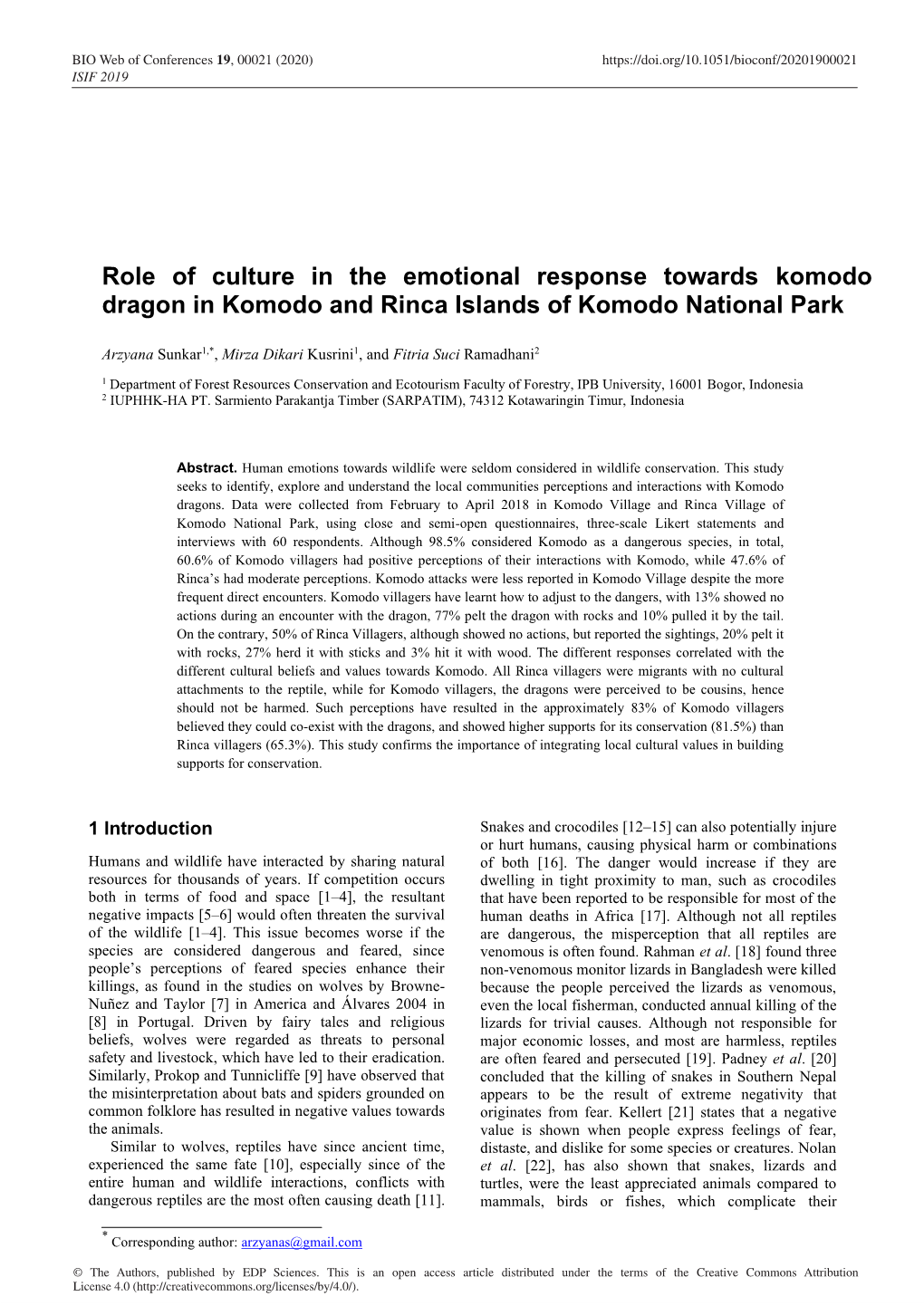 Role of Culture in the Emotional Response Towards Komodo Dragon in Komodo and Rinca Islands of Komodo National Park