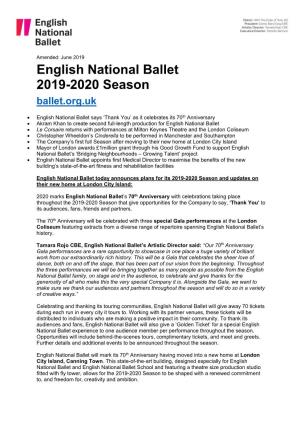 English National Ballet 2019-2020 Season Ballet.Org.Uk