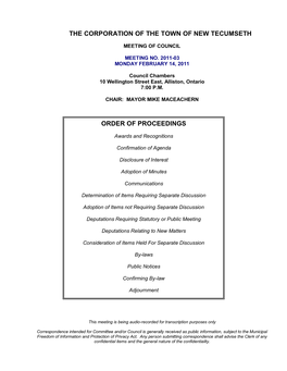 Council Agenda- Regular Meeting- February 14, 2011