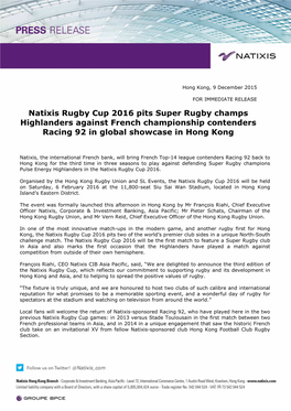 Highlanders to Play Racing 92 in Hong Kong in Natixis Rugby Cup
